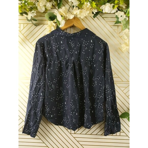 Rails Navy Galaxy Star Print Button Front Cropped Boxy Top Blouse Womens Size M - Picture 8 of 8